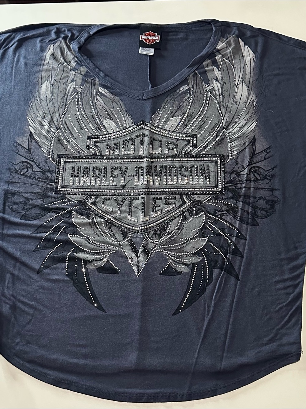 Harley-Davidson top. Dark gray and silver with lots of bling.
